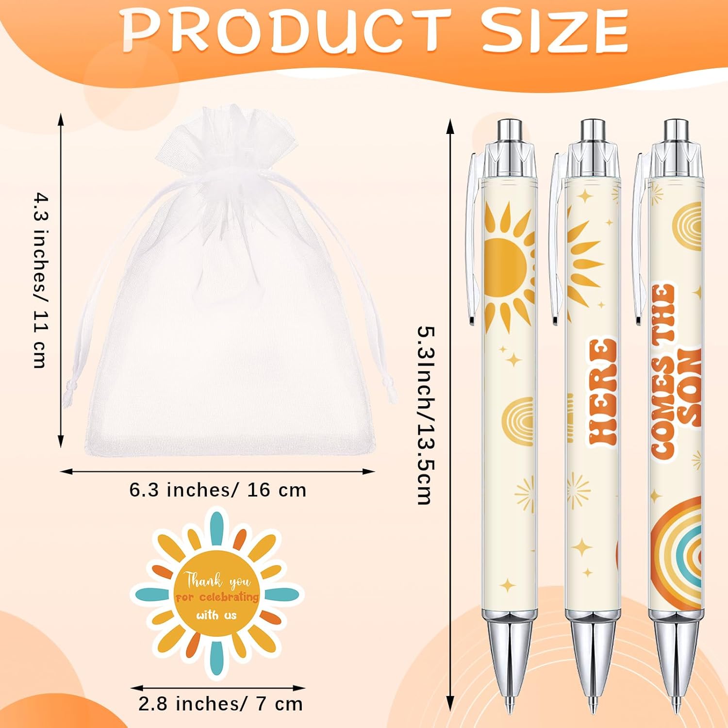 Sayglossy 150 Pcs Here Comes The Sun Party Decorations Includes Sun Ballpoint Pens, Boho Thank You Cards, Organza Bags, Boho Sunshine Party Favors Birthday Decor