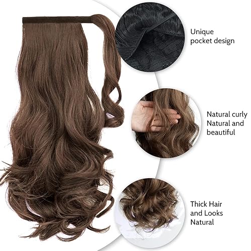 Miniatura 6 de Peluca de cola de caballo, extensiones de cabello castaño, cola de caballo alrededor de 16 pulgadas, rizado, ondulado, sintético, peluca de cola de