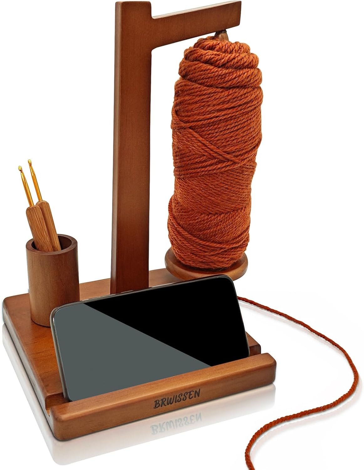 BRWISSEN Wooden Yarn Holder for Crocheting and Knitting with Phone Stand, Crochet Hook Storage, and Magnetic Yarn Ball Holder Spinner - Ideal Gift for Crochet Lovers-Walnut Color