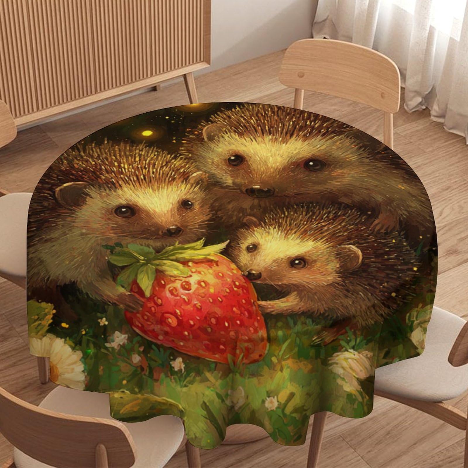 LUYYSKY Retro Oil Painting Cute Hedgehog Waterproof Round Tablecloth Beautiful Classic Spring Forest Daisies Floral Animals Hedgehogs Print Washable Table Cover for Kitchen-177.8" Wx177.8 L cm