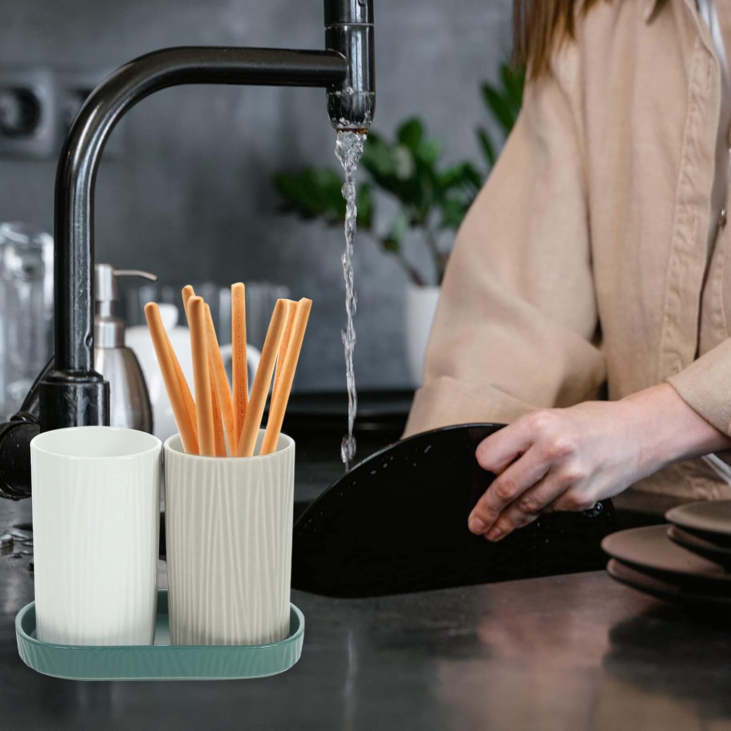 Kichvoe 1set Ceramic Utensil Holder Minimalist Spoon Storage Rack Draining Design Dual Compartment for Kitchen Organization for Home Cafe Restaurant Decor