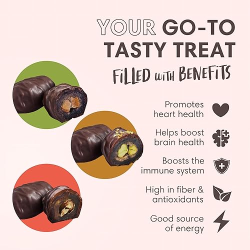 Miniatura 68 de DORREL - Dátiles cubiertos de chocolate negro belga (Medjool) con relleno de cacahuetes salados, aperitivo de chocolate vegano de alta energía