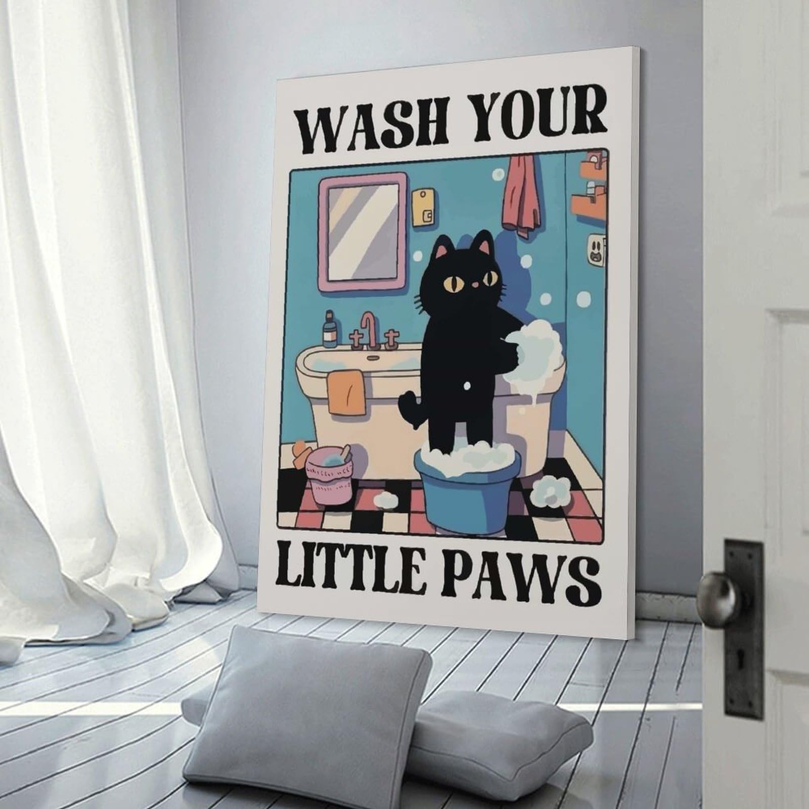 Junmoney Wash Your Little Paws Cat Bathroom Home Decor Wall Art, 24x36inch(60x90cm), for Wall Displays, Bedrooms Or Room Updates, Ideal for Building A Coordinated Art Wall