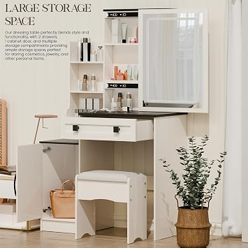 Vanity Desk with Mirror and Lights, Makeup Vanity Table, Dressing Table with Stool, 2 Drawers, 1 Barn, Open Shelves for Bedroom Dressing Room Black