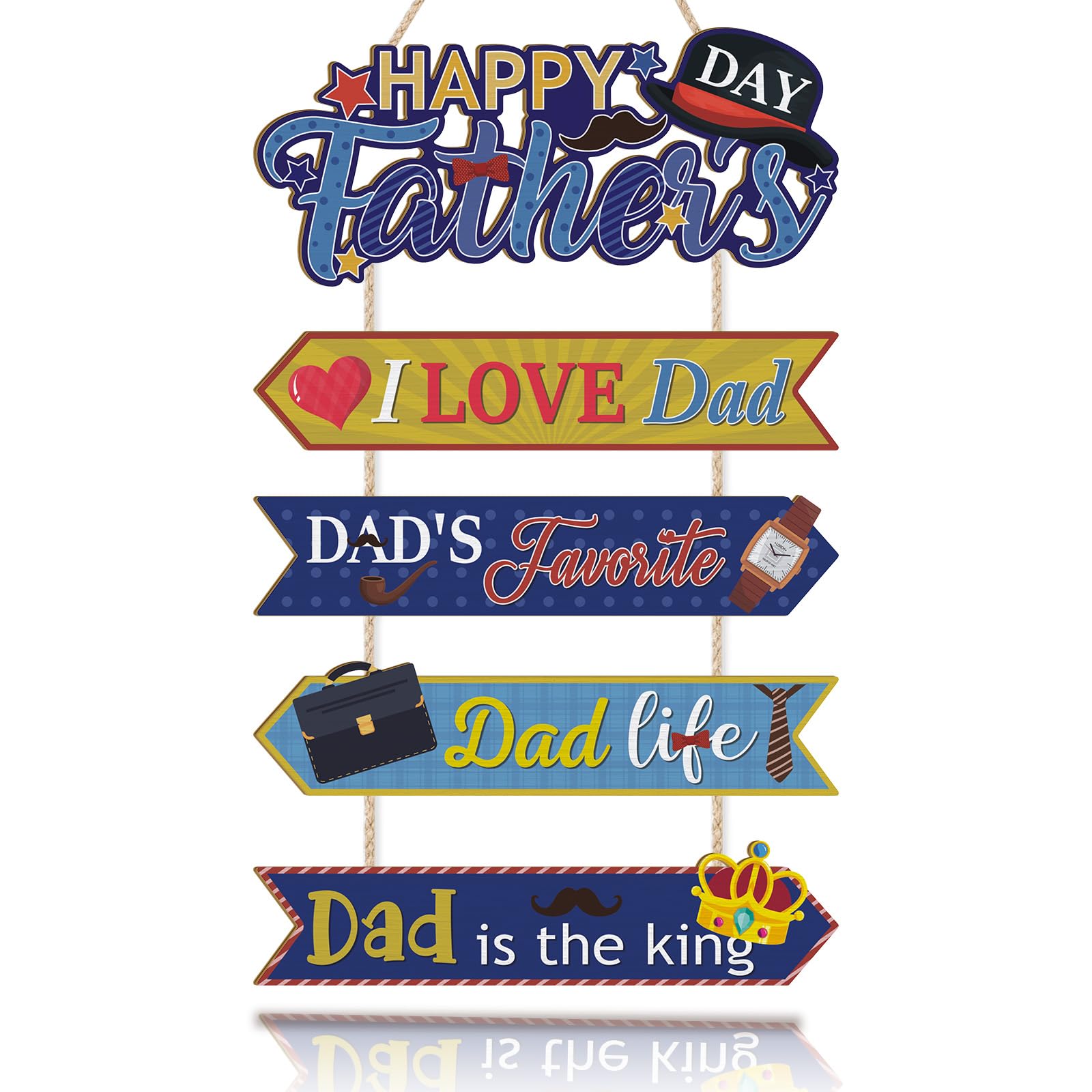 HPNIUB Happy Father's Day Wooden Hanging Plaque I Love Dad Wall Sign with Bowler Hat Tie Briefcase Pattern Colourful Rustic Home Party Sign Decor for Living Room Bedroom Ideal Birthday Gift for Dad