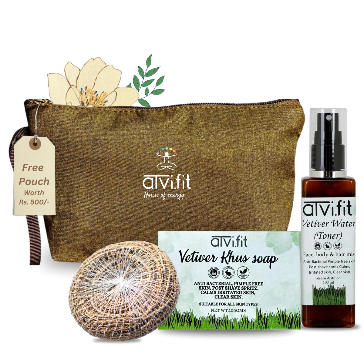 Atvi.fit anti Bacterial, anti-inflammatory Khus Vetiver for Pimple Free Skin, clear skin Soap and Natural Hydrosol with Loofah combo & Free Pouch | Vetiver Water||Natural Skin Toner 100ml,Vetiver roots soap 100g & Loofah-image-14