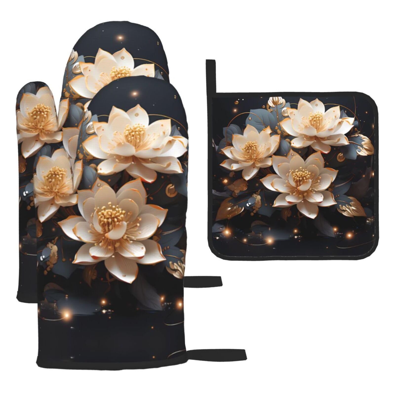 Bohemian Golden Lotus Oven mittens and oven mitts three-piece set suitable for oven, grilling, baking, microwave and home cooking.