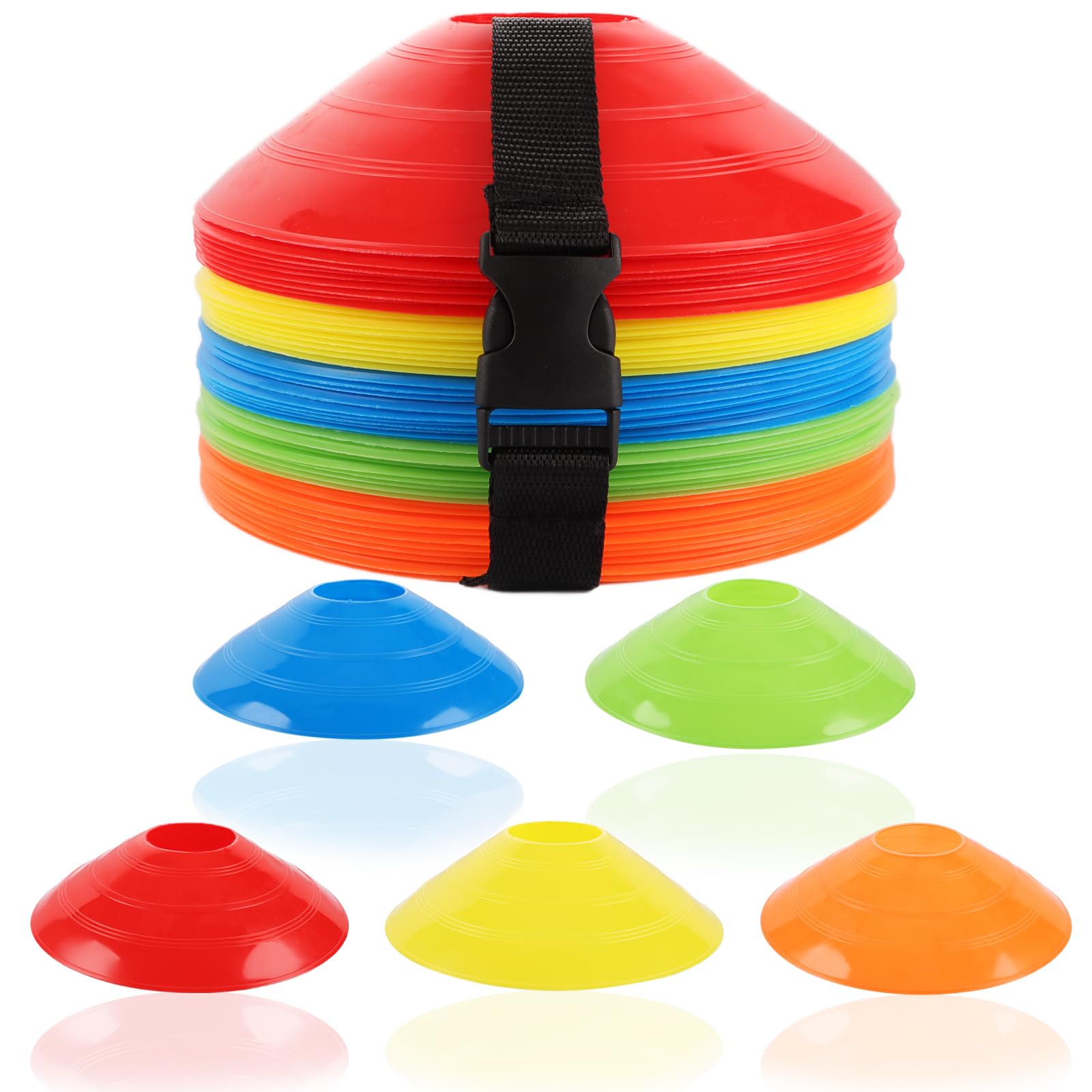Plot Sport, Plot Foot, Coupelle Foot - 101 Pièces Plot de Marque pour Football, Entraînement Multisport, 5 Couleurs Vives (Jaune, Rouge, Bleu, Orange, Vert), Matériau PE Résistant, Portable