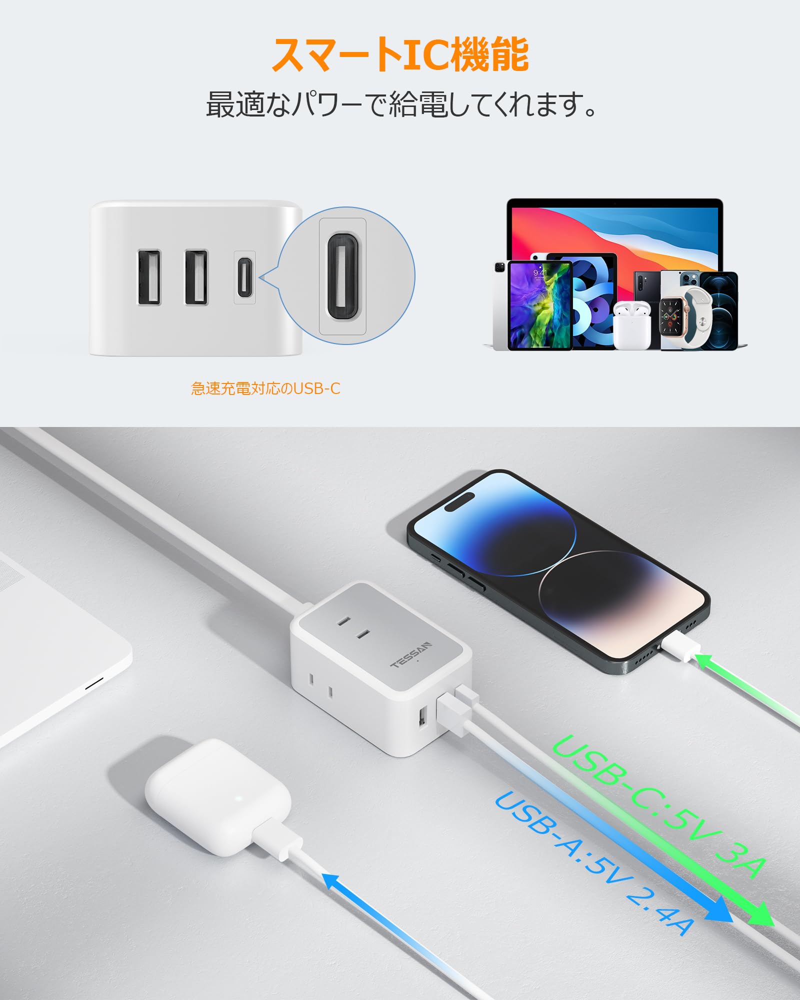 Amazon.co.jp: 延長コード 2m 電源タップ usb コンセントタップ