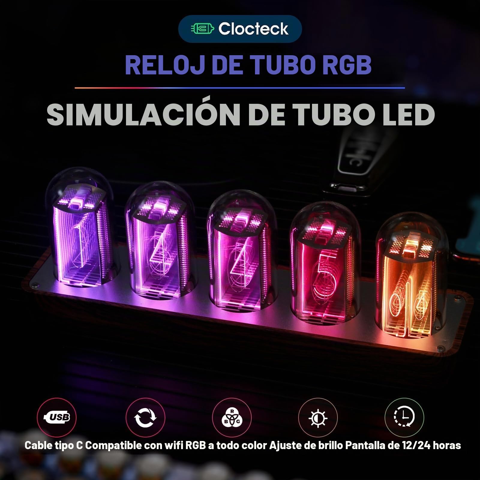 ClocTeck Reloj de Tubo Nixie de Madera Reloj Digital para Dormitorio, Configuración Fácil de Alarma y Visualización de 12/24h - Un Regalo Retro para Decorar Tu Escritorio y Dormitorio