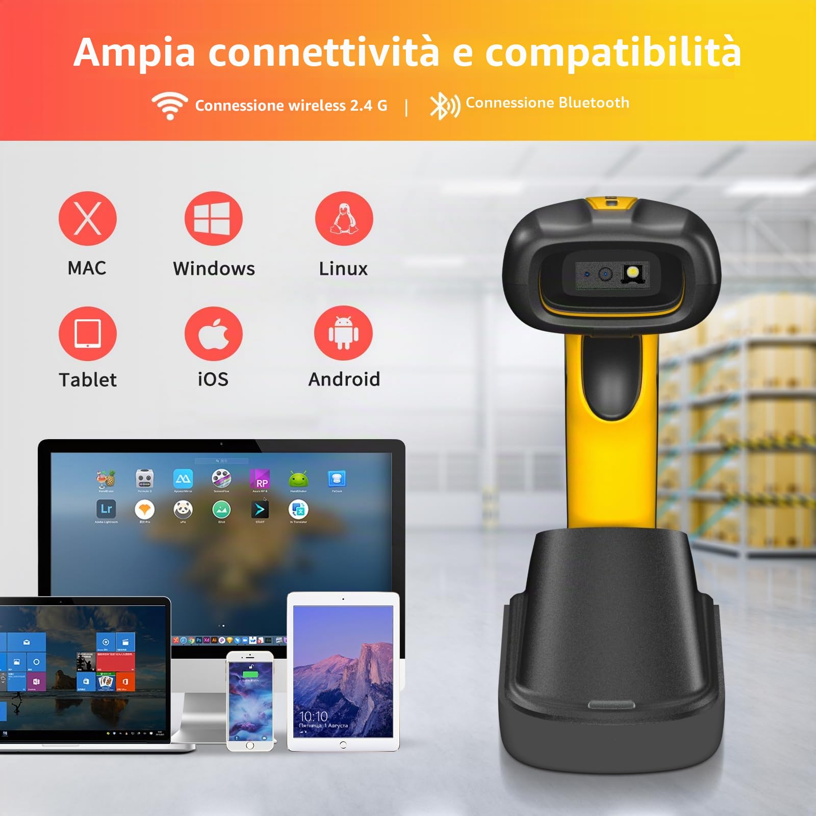 NETUM Scanner di codici a barre Bluetooth industriale QR aggiornato con dock di ricarica (NT-1202W)