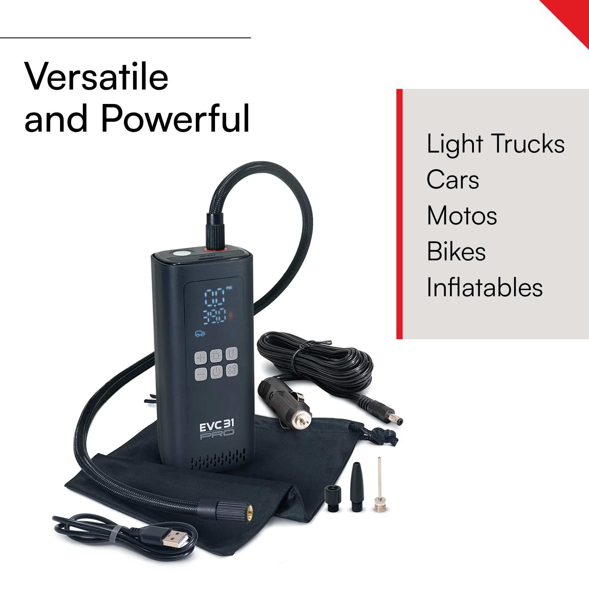 Viair Cada vehículo lleva EVC31 PRO – Compresor de aire portátil – Medidor de presión de neumáticos LED y apagado automático, ideal para kits de emergencia de coche