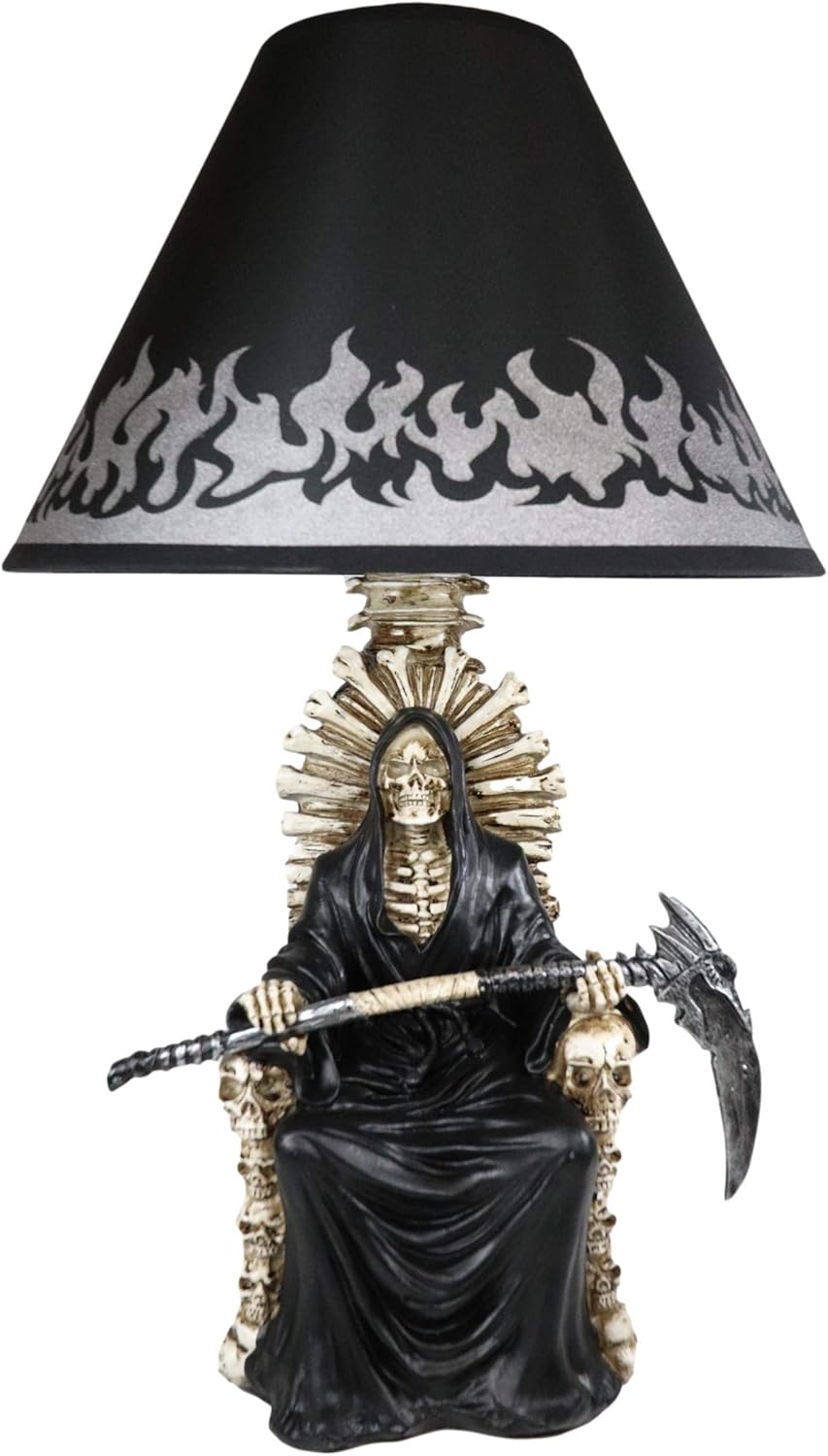 Ebros Gift Ghastly Wisdom Grim Reaper with Scythe Seated On Skulls and Skeleton Bones Throne of Justice Sculptural Desktop Table Lamp with Fabric Shade Ossuary Macabre Decorative Accent Light