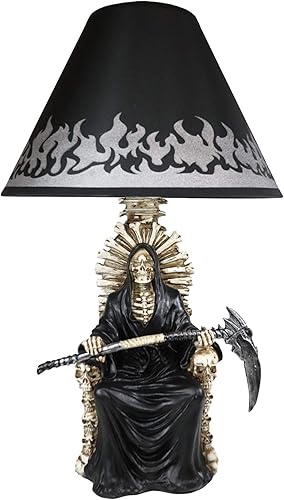 Miniatura 7 de Ebros Gift Ghastly Wisdom Grim Reaper con guadaña sentada en calaveras y huesos de esqueleto, lámpara de mesa escultórica de escritorio con pantalla