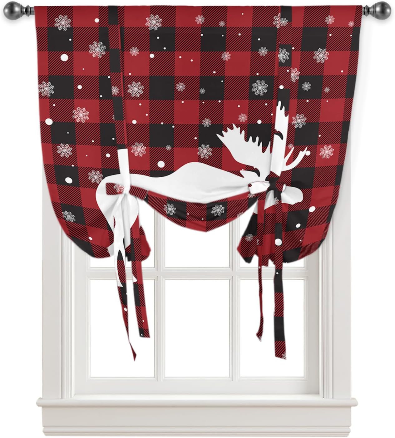 YOKOU Bow Look Tie Up Balloon Curtain, Christmas Elk Snowflake Red Black Buffalo Adjustable Rod Pocket Window Shades Drape for Living Room, Bedroom，Kitchen 1 pcs 52 x63 inch