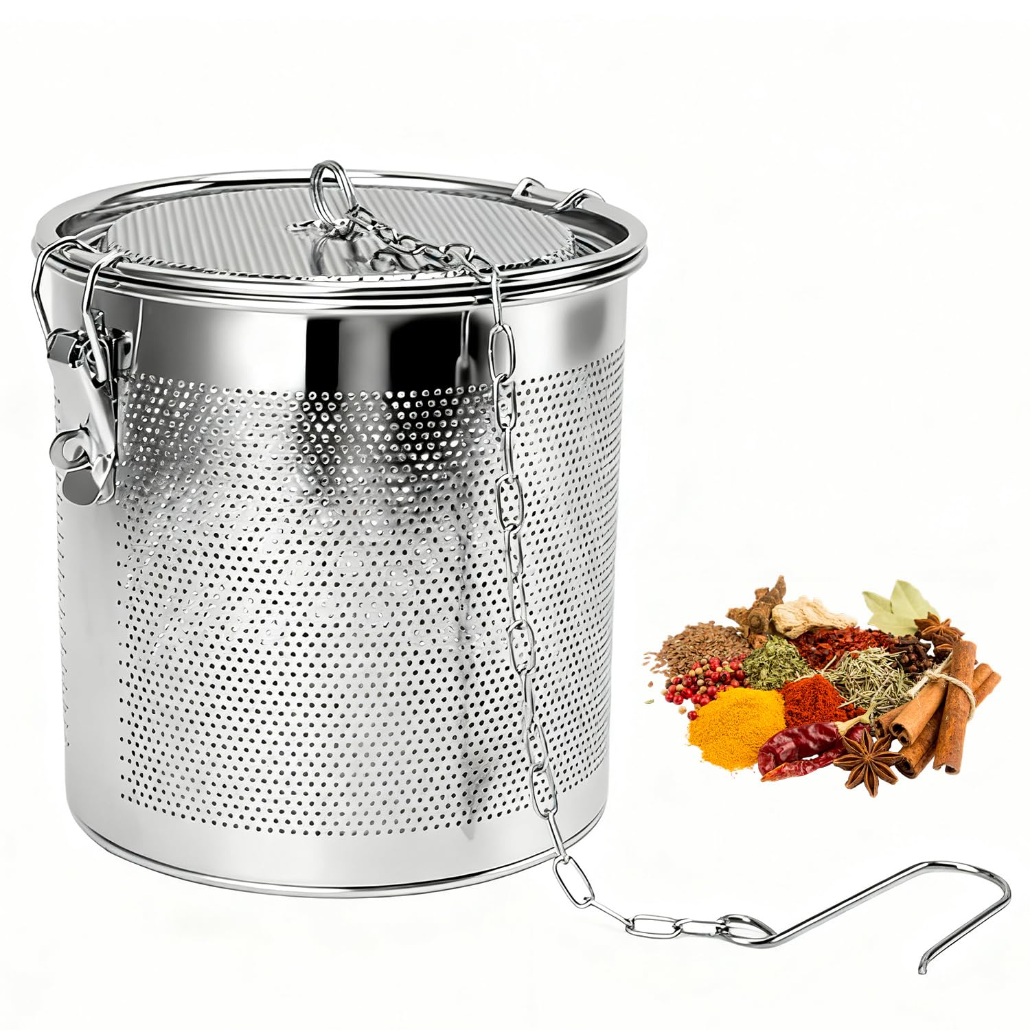 Tissting Filtro de Té 4.3L Acero Inoxidable con Cadena Colgante - Infusor de Té y Especias para Cocina, 17x17.5 cm, Diseño a Presión y Superficie Pulida, Ideal para Uso Doméstico y Restaurantes