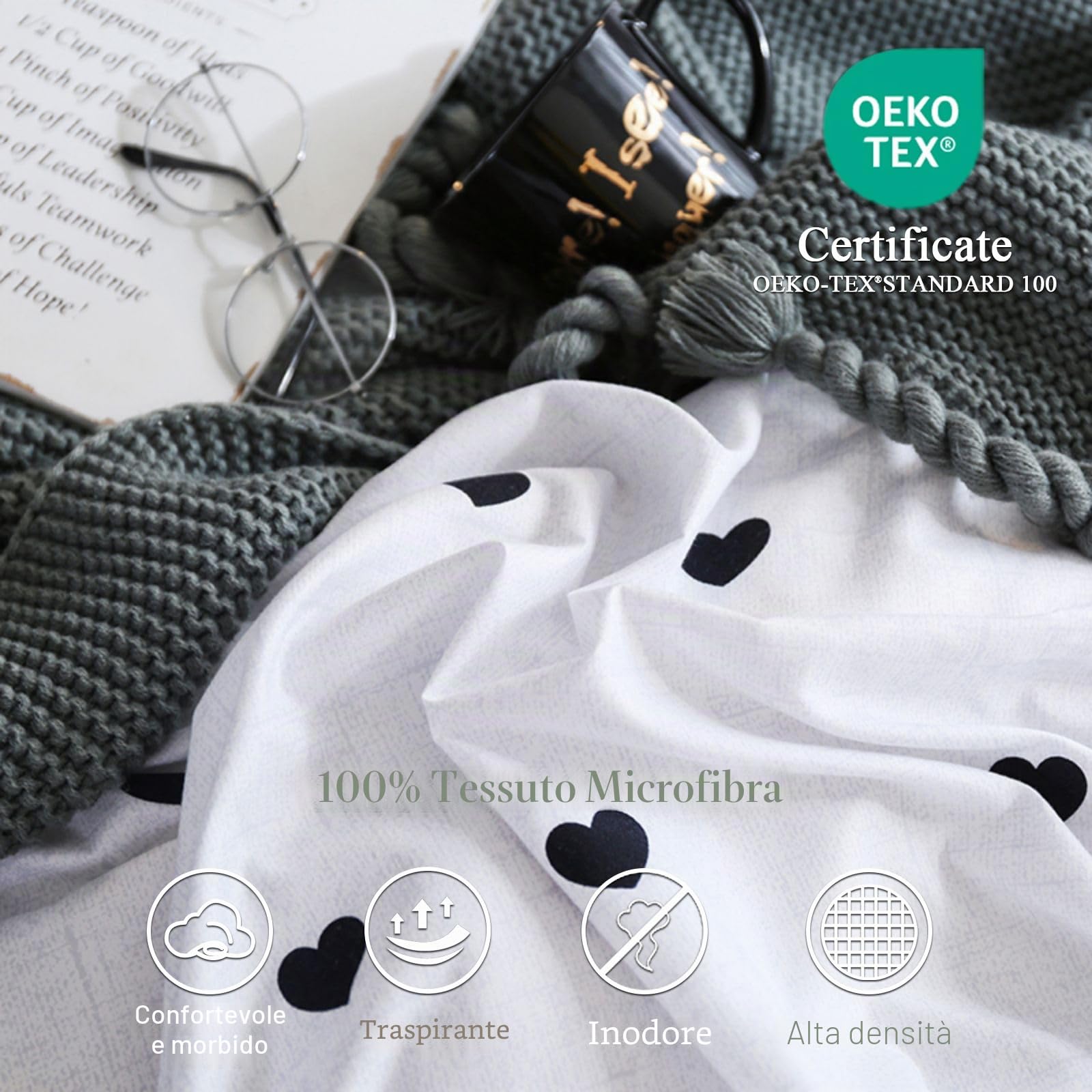 Freyamy Copripiumino 220 x 240 cm+2 federe 65 x 65 cm cuore stampato bianco nero set da letto matrimoniale per adulti motivo cuore set copripiumino in microfibra con cerniera