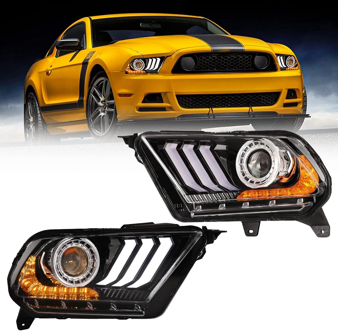 ROXX Headlights Assembly for 2010 2011 2012 Ford Mustang, High Low Beam Projector Headlights w/ S550 Style LED DRL, Amber Led Sequential Turn Signals, Driver Passenger Side