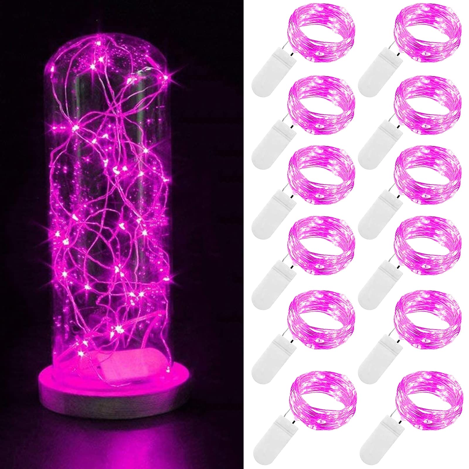 Guezuvoru Battery Operated String Lights, 12 Pcs 2m 20 LED Waterproof Fairy Lights Starry String Lights for Bedroom Wedding Party Christmas Decoration - Pink