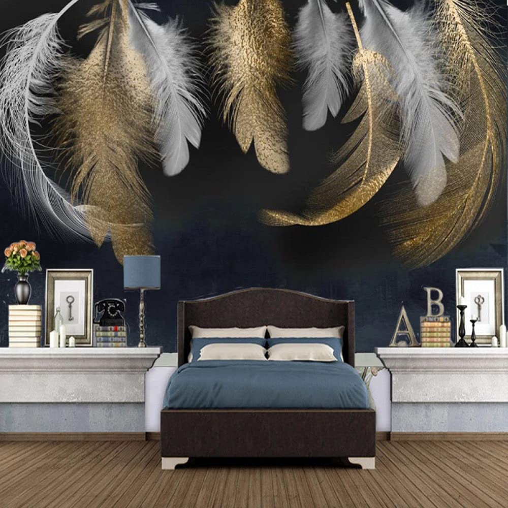 Carta Da Parati,Piuma D'Oro Lusso Nordico Grande Carta Da Parati Autoadesiva Buccia E Bastone Carta Di Contatto Staccabile Vinile Murale Adatto Per Soggiorno Camera Da Letto Decorativo,300X250Cm(118