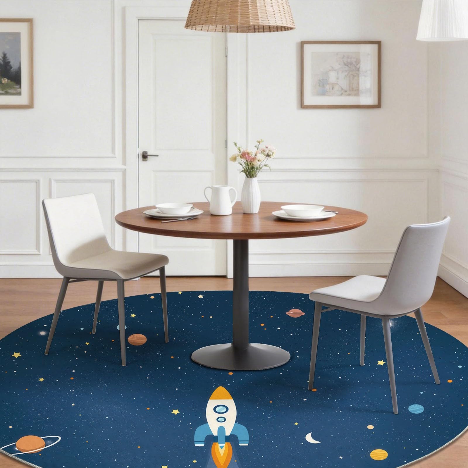 200 cm Tapis de Salon Rond à Poils Courts, Espace Cartoon Tapis de Sol Décoratif Doux et Confortable, Bleu Blanc Fusée Planètes Lune Lavable et Antidérapant pour Salon Chambre Chambre d'enfant