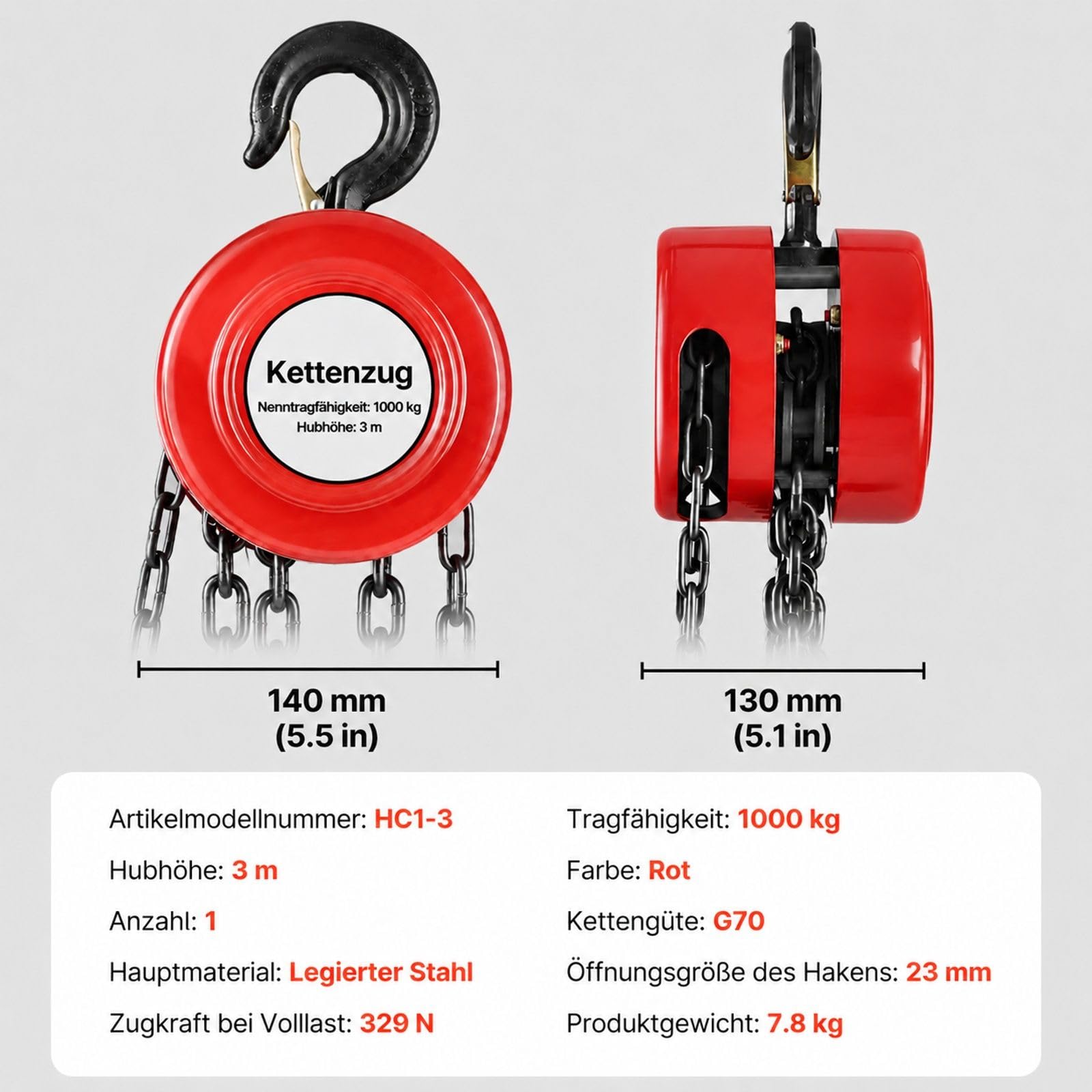 Handkettenzug 1 t rot für Garage Werkstatt Lager