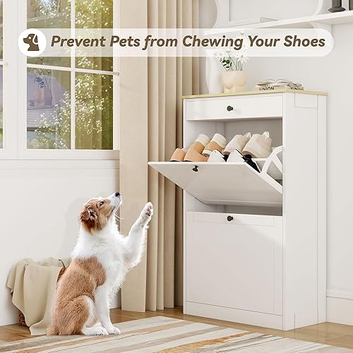 Vista 4 de Armario de zapatos con 2 cajones abatibles, organizador de zapatos oculto de madera delgado con cajón, gabinete de almacenamiento estrecho de Grano