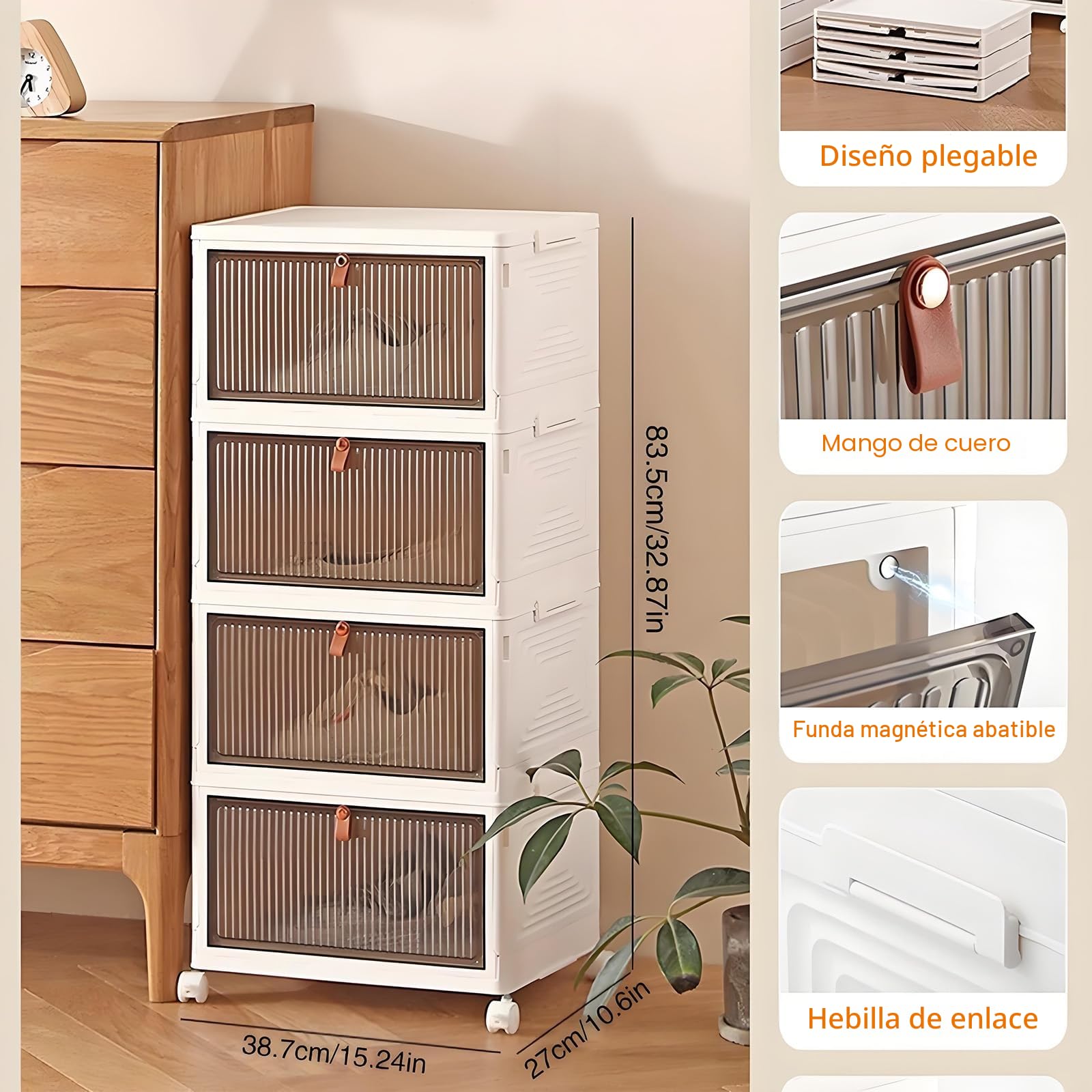 Caja de almacenamiento de 4 niveles a prueba de polvo, mesa de noche de plástico sobre ruedas, organizador para sala de estar, dormitorio, pasillo, oficina