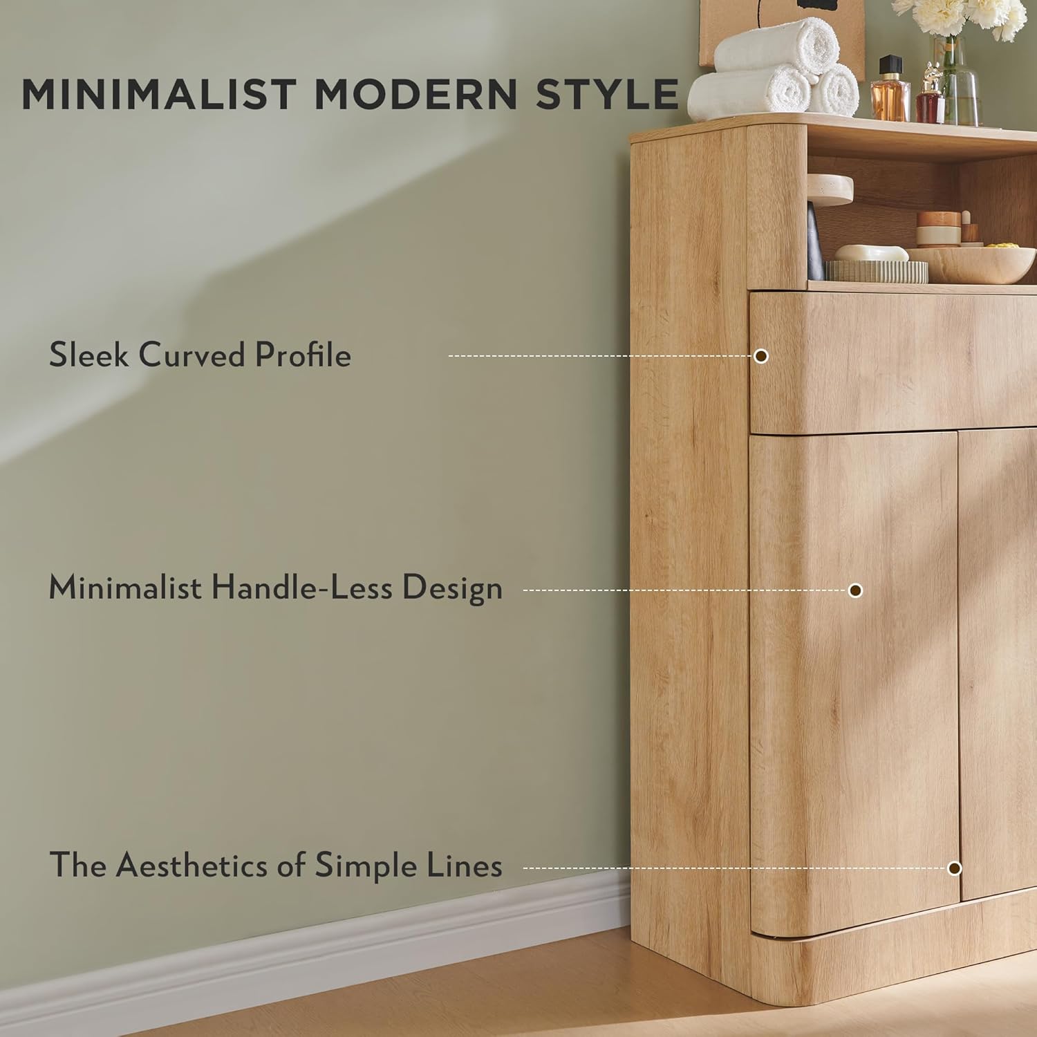 ACCOHOHO Modern Minimalist Bathroom Cabinet with Adjustable Shelf, Sliding Drawer and Magnetic Push Latch, Wooden Storage Cabinet for Bathroom, Living Room and Kitchen, Natural Oak