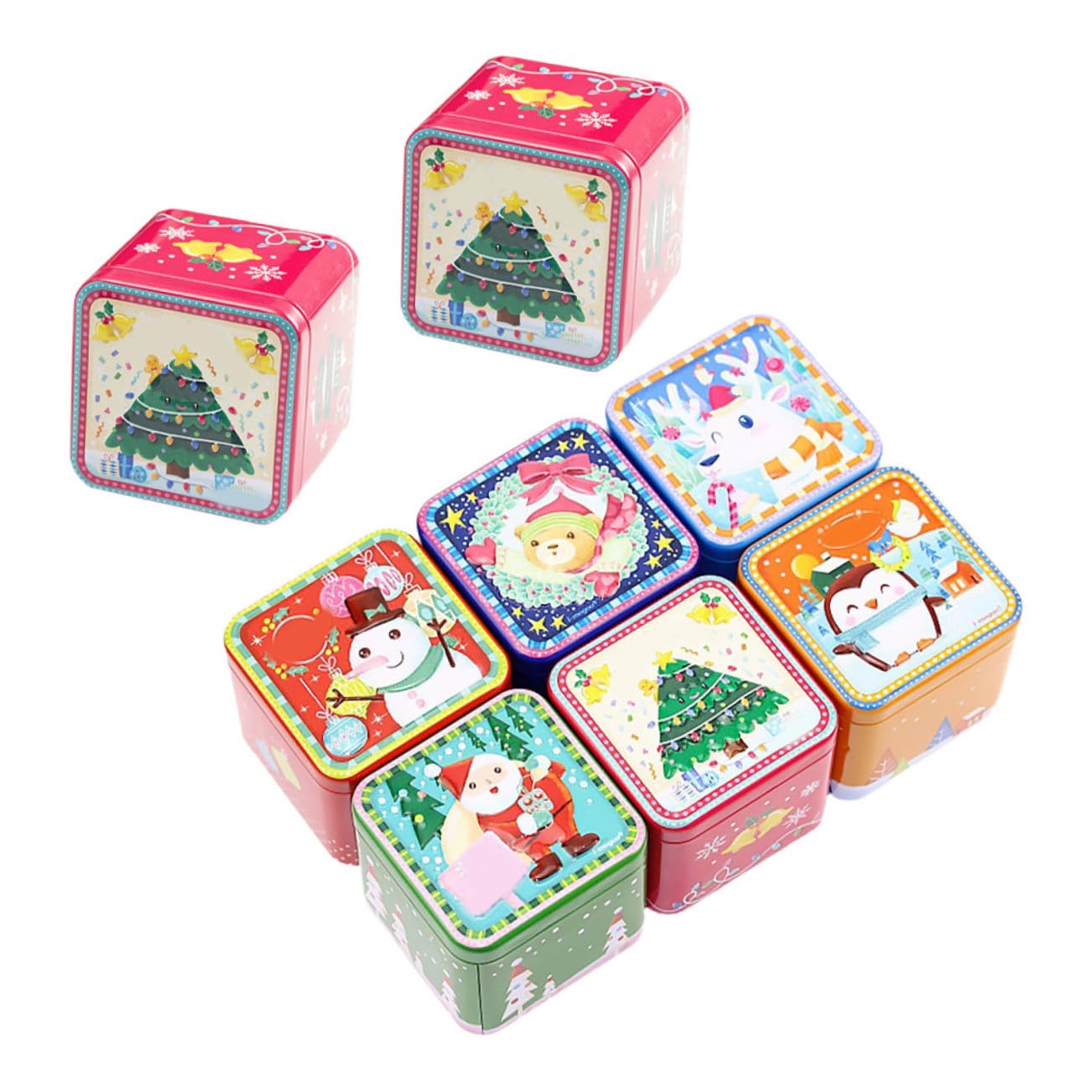 Veemoon Lot de 8 Boîtes de Rangement Carrées en Fer-Blanc Motifs de Noël Boîtes à Bonbons de Noël Décoratives et Légères pour Conserver Biscuits et Gourmandises Festives
