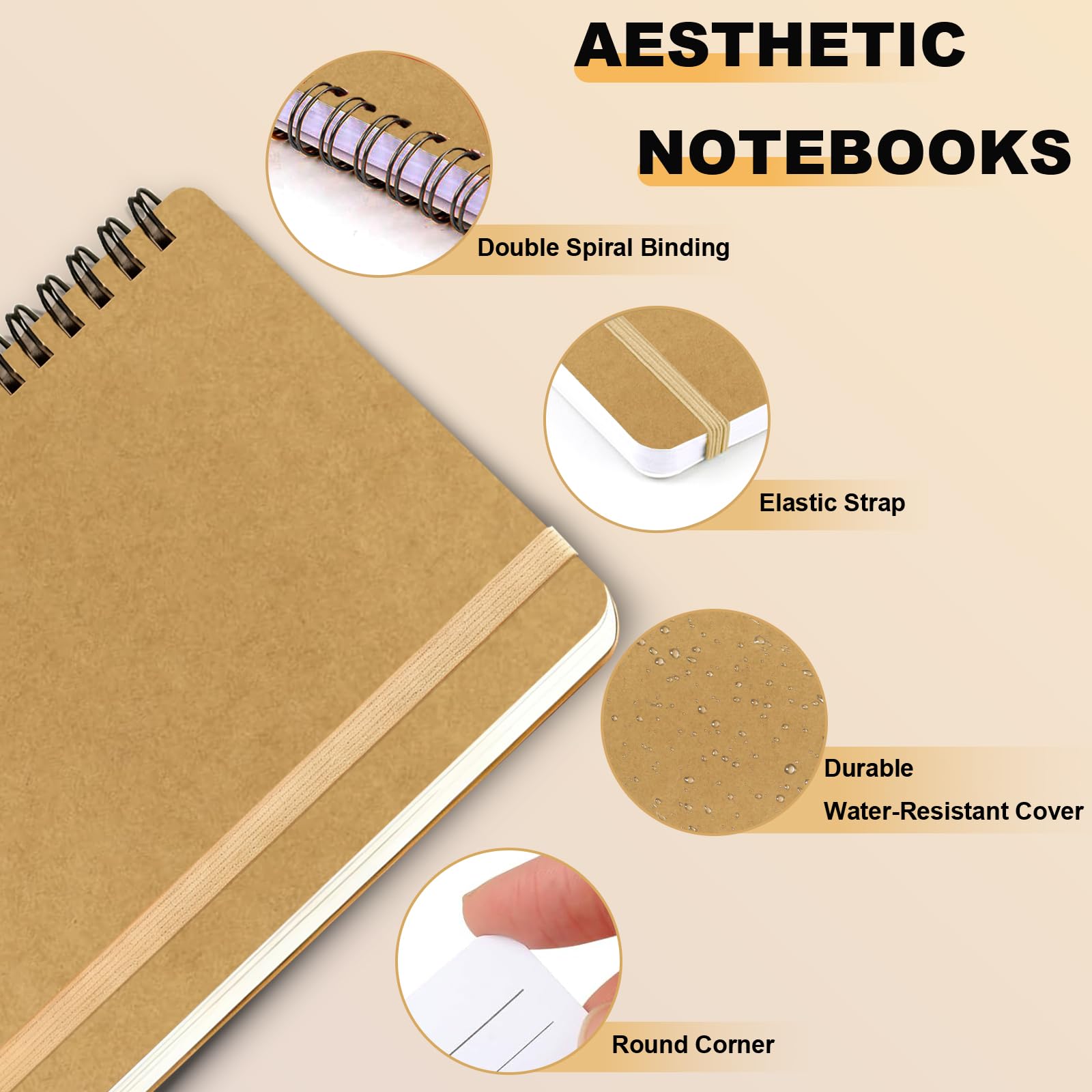 4 cuadernos en espiral, cuadernos con espiral, cuadernos para el trabajo, tomar notas, escuela, cuadernos pequeños con correa, bonitos cuadernos para mujer (caqui)