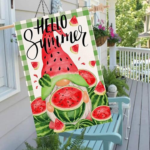 Miniatura 5 de Bandera de casa de sandía de 28 x 40 pulgadas, diseño de gnomo de verano decorativo de doble cara para casa de campo, patio, decoración de temporada