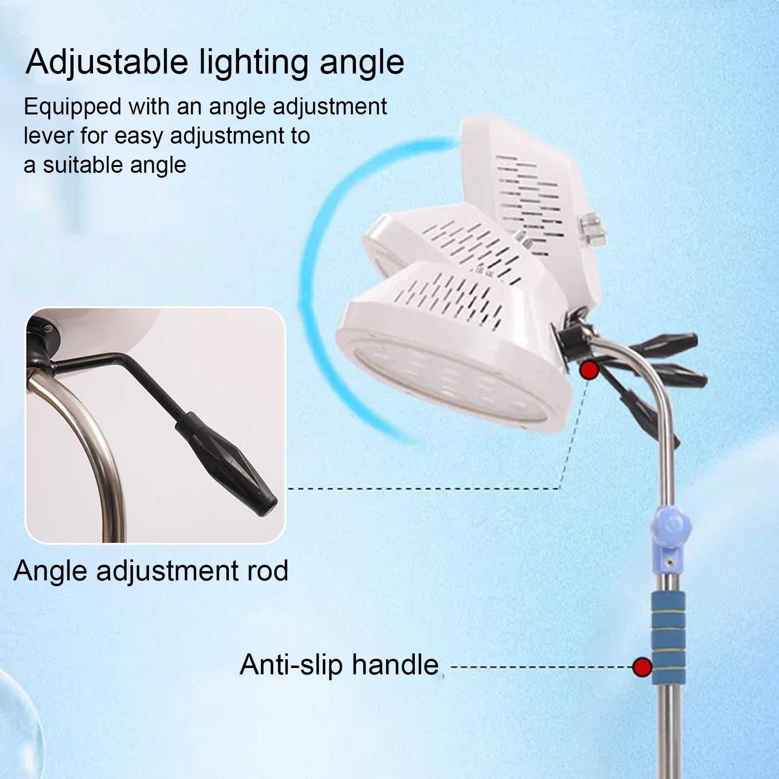 Luz LED para examen quirúrgico, brillo y altura ajustables, luz de pie sin sombras con ruedas y ángulo ajustable para uso médico
