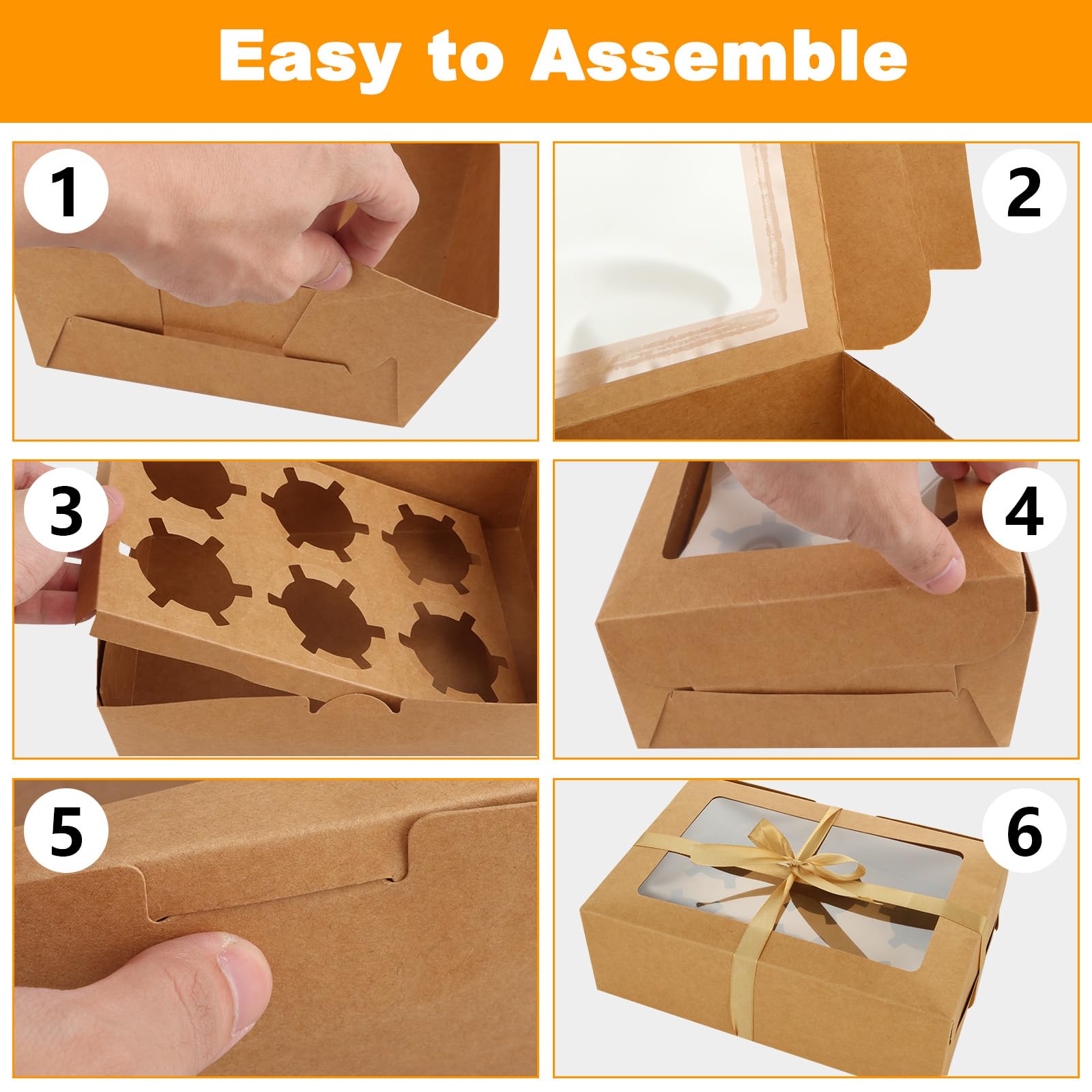 50 cajas para cupcakes de 6 agujeros, 24 x 16 x 7,5 cm, cajas para tartas con 2 rollos de cinta dorada champán de 22 m, cajas de panadería con ventana e inserción, contenedor para magdalenas de