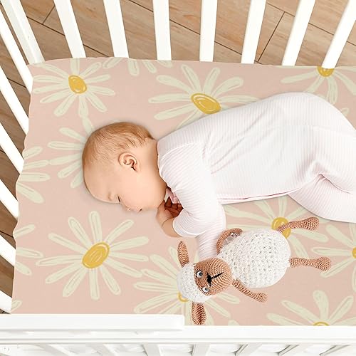 Miniatura 8 de Sábana bajera ajustable para cuna para niños y niñas con patrón de margaritas para colchones estándar de cuna y cama infantil acogedora suave y