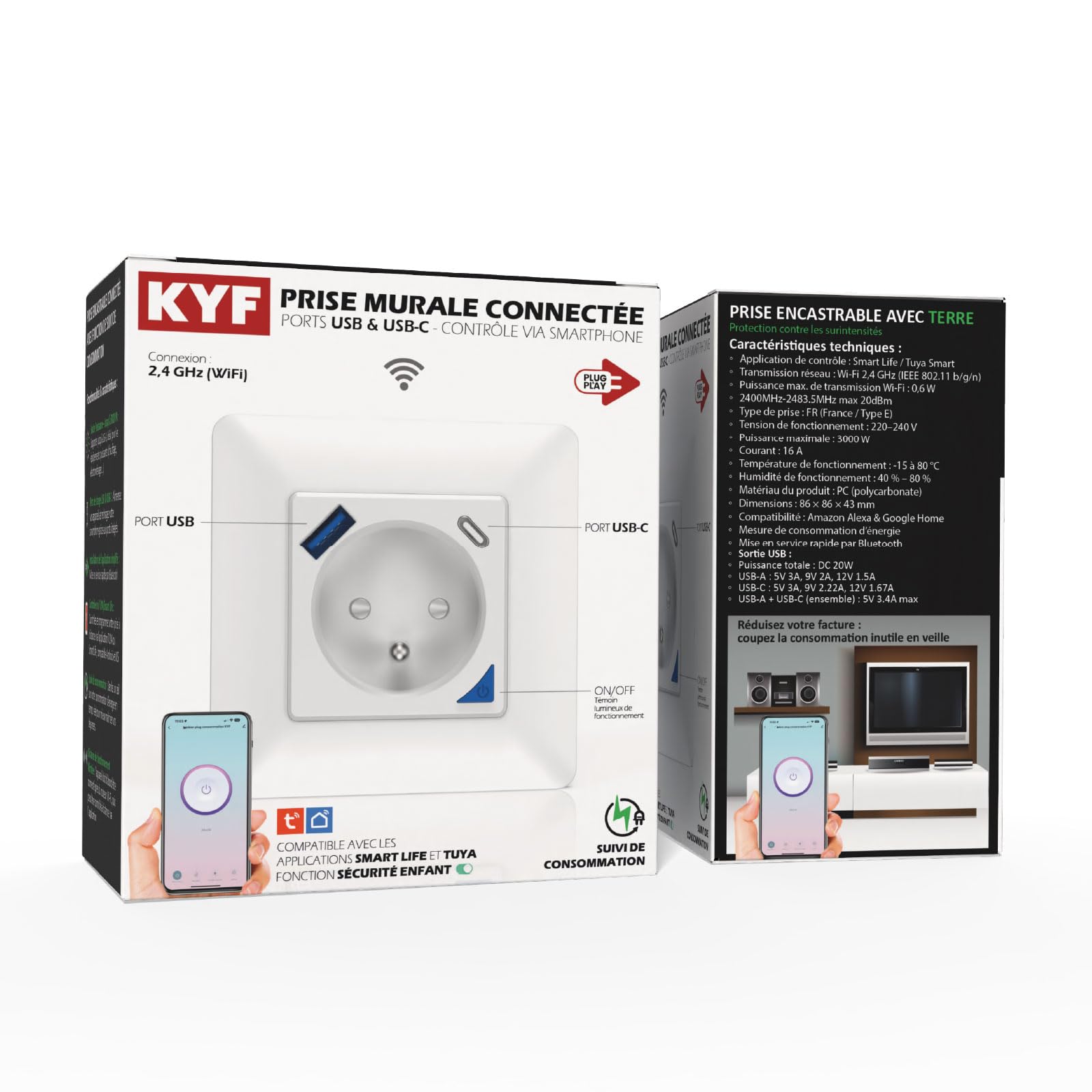 KYF Lot de 4 Prises Connectées WiFi, Type E, PC, Encastrable avec Ports USB-A + USB-C (20 W), Blanc, Compatible Alexa & Google Home, 220-240V, FR, 16A