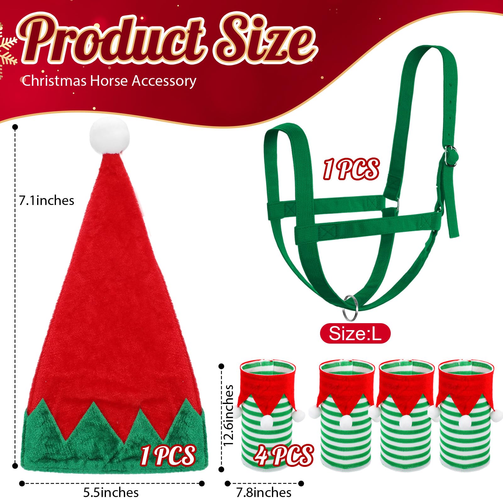 Paterr 7 Pcs Christmas Horse Accessory Set Xmas Santa Elf Horse Cape Halters Leg Wraps Hat Tack Costume Set - Image 2