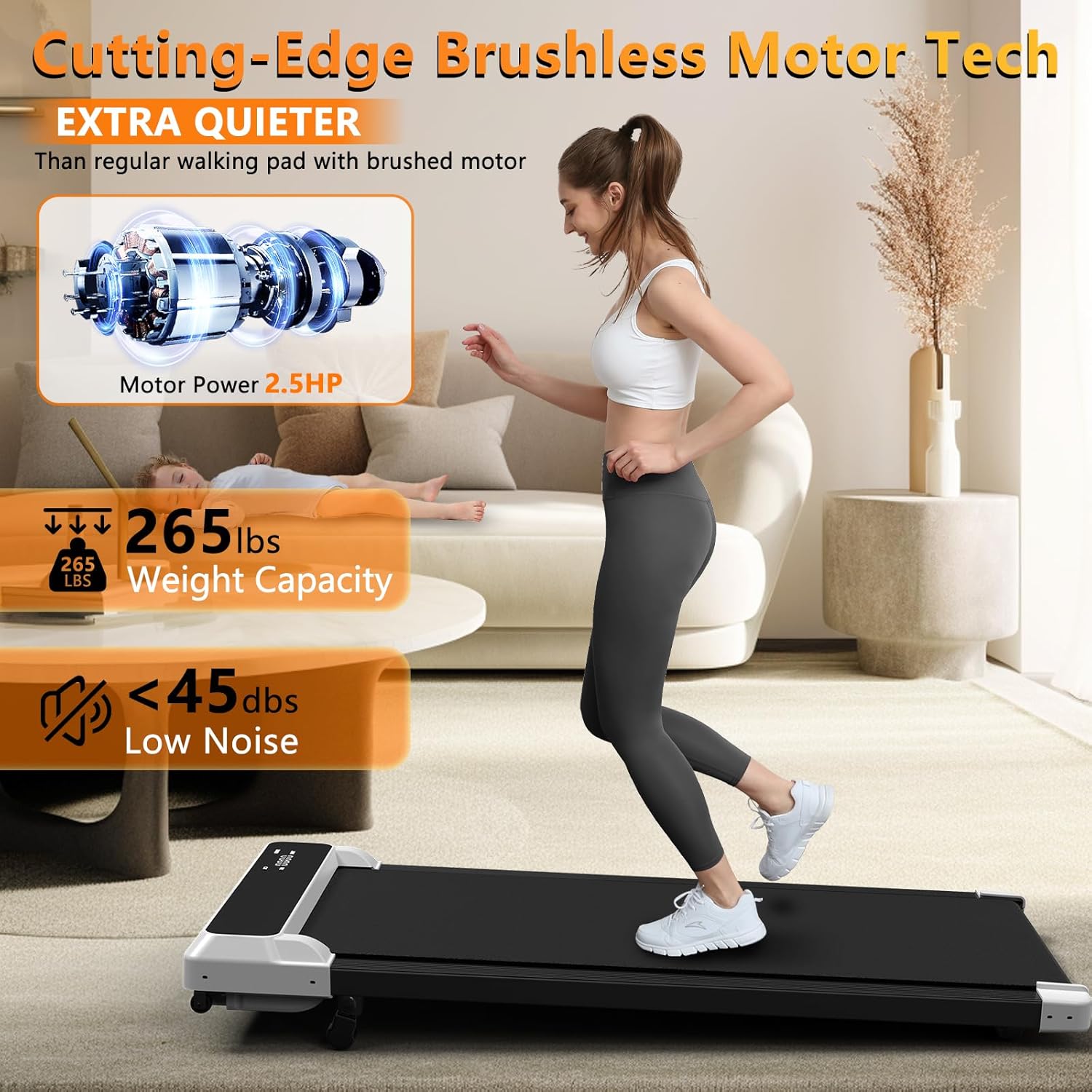 Ueadcm C7W-1 Walking Pad being stored under a sofa, illustrating its compact and space-saving design.