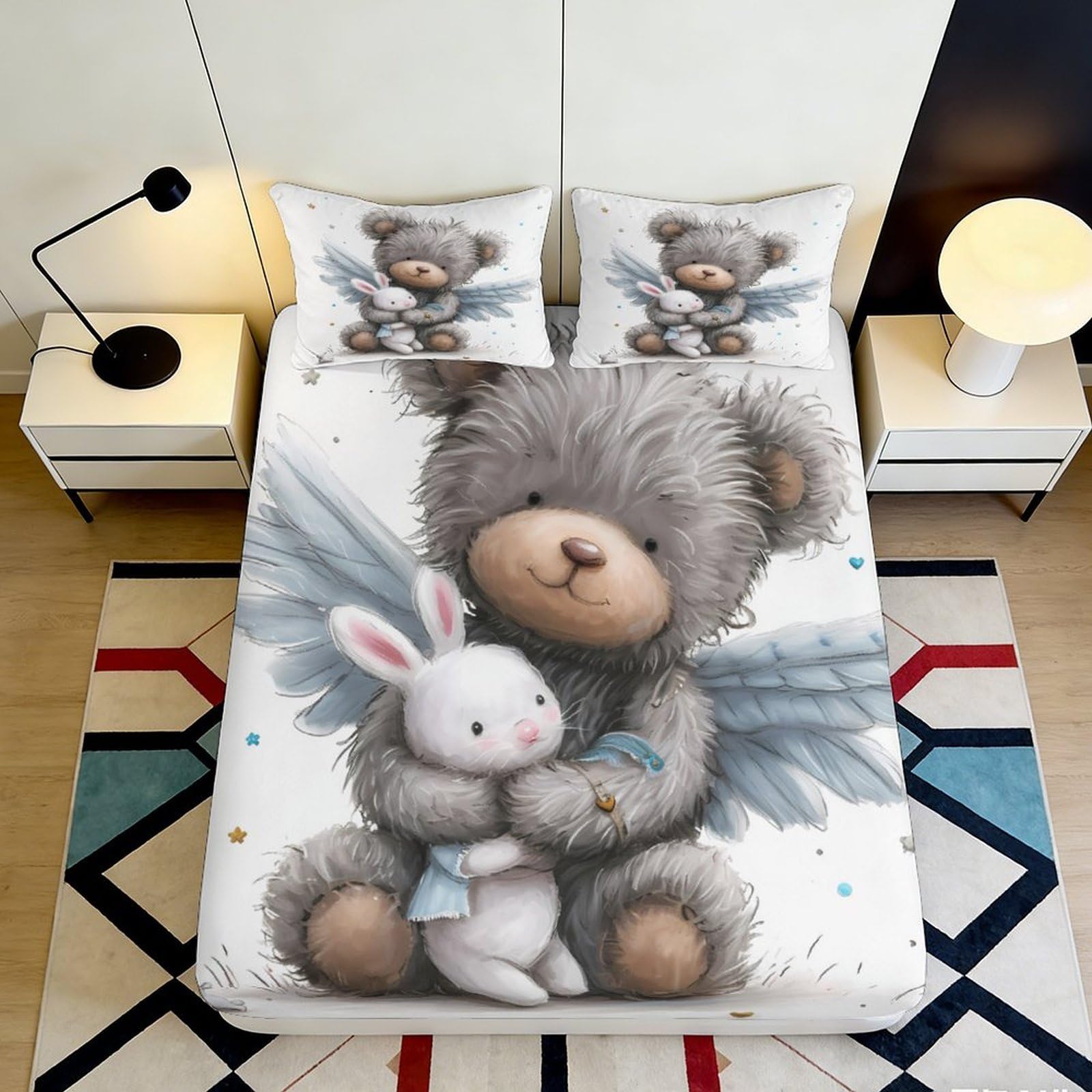 3D Printed Cute Bear Bunny Fitted Sheet Microfiber Soft Breathable Animal Cartoon Bed Cover for Bedroom Dorm Decor 90x200x25cm