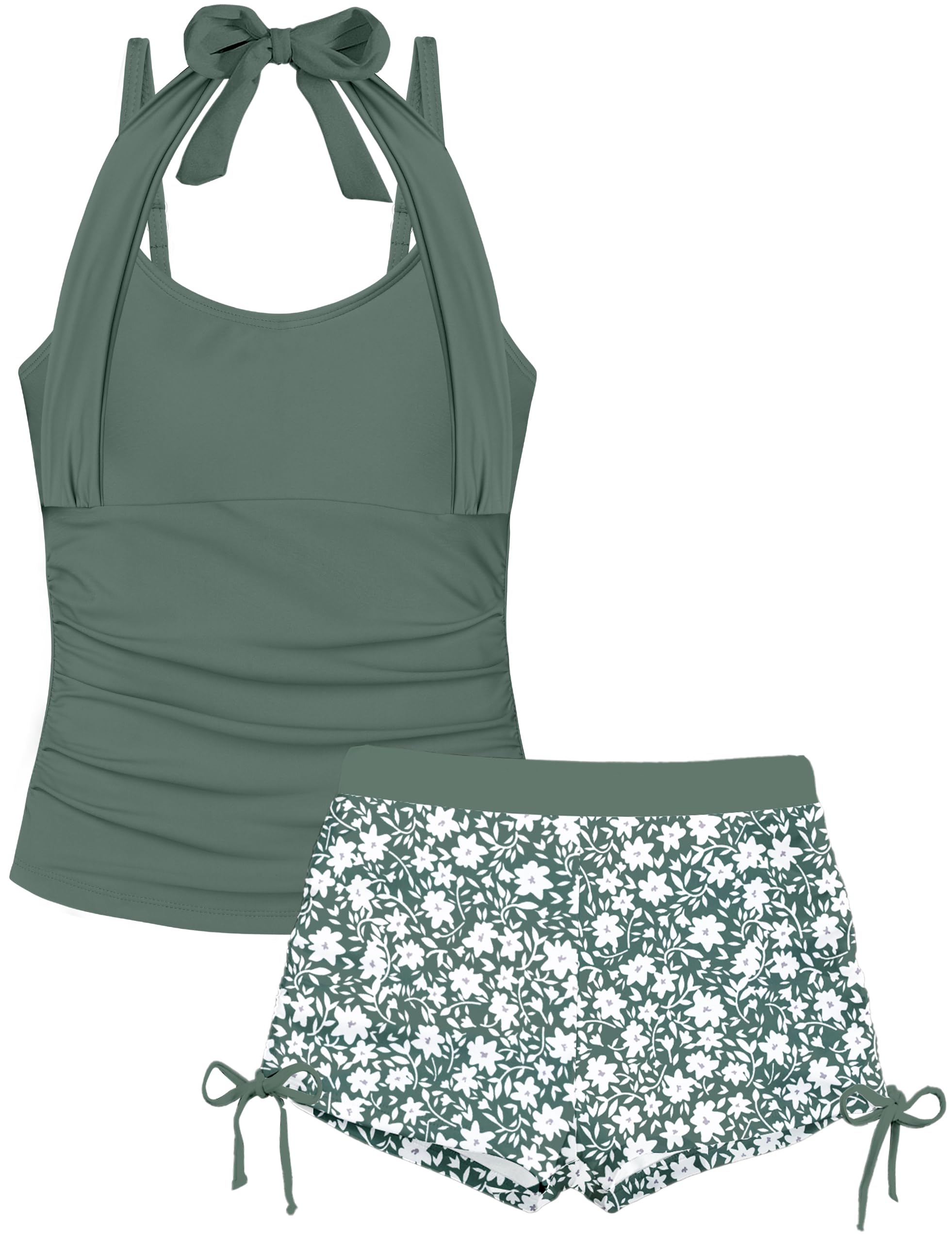 Girls Bathing Suits 2 Piece Swimsuit Halter Girls Tankini Swimsuit High Waisted Drawstring Shorts Swimwear Set 7-18Y
