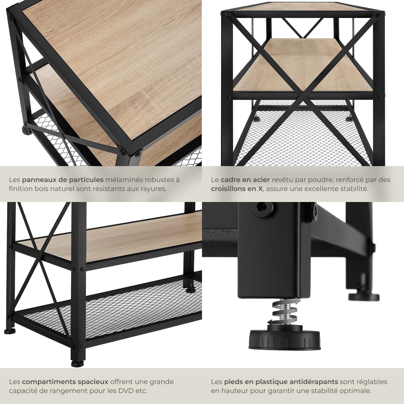 tectake® Meuble TV 141 x 41,5 x 50,5 cm, Banc TV Salon Chambre, Meuble Rangement Television, Style Industriel, 3 Niveaux Ouverts et Fond grillagé, Meubles de Salon pour télévision, Bois Clair