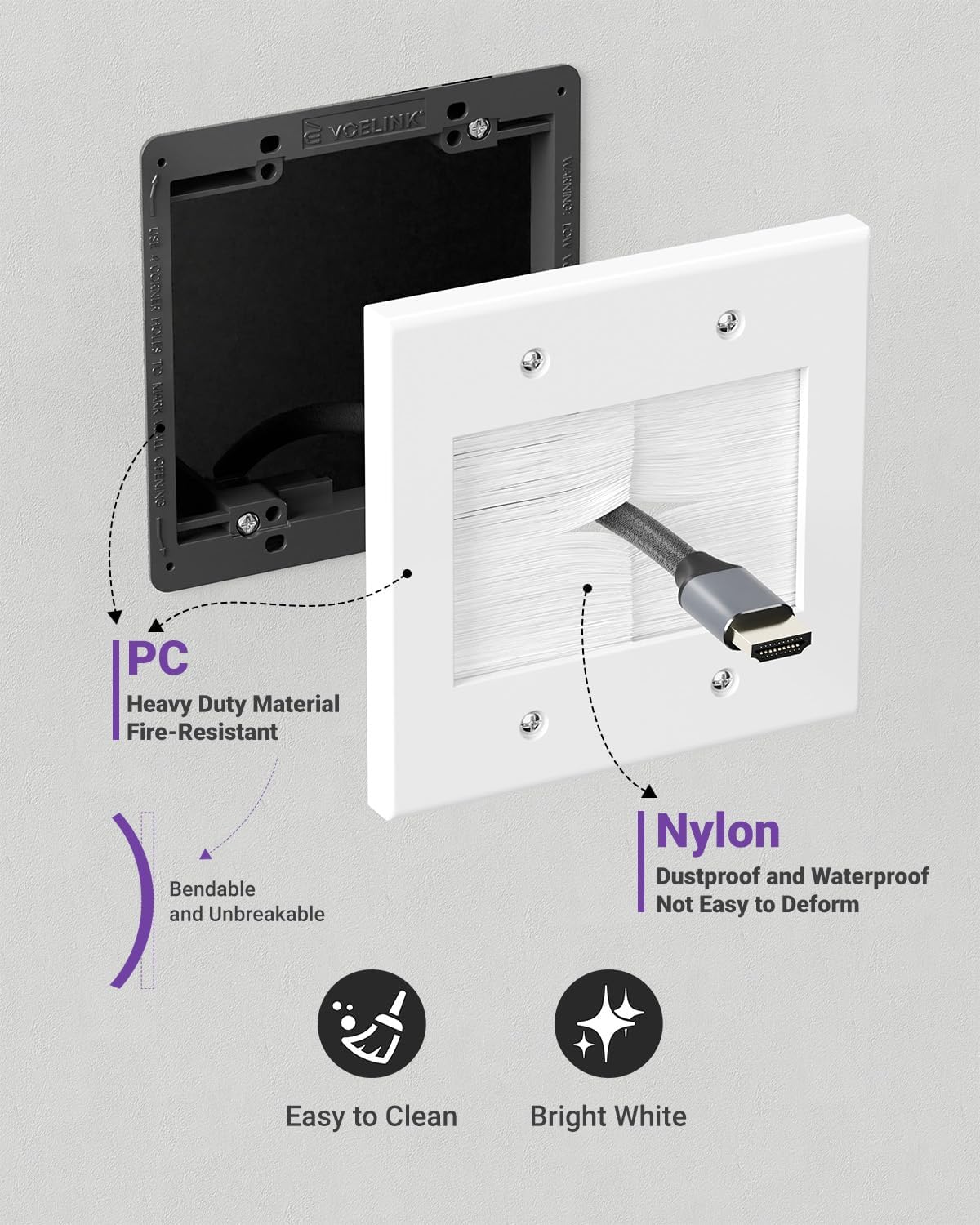 Step-by-step visual guide for installing the VCELINK 2 Gang Brush Wall Plate, from marking to final attachment.