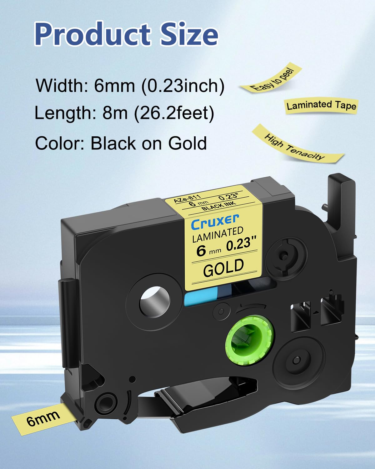 Cruxer Pack de 50 cintas laminadas compatibles con P-touch TZe-811 TZe811 TZ-811 TZ811 6 mm 0,23 pulgadas cintas laminadas negro sobre oro, cinta de escritura de repuesto para PT-D200 PT-D210 PT-D400