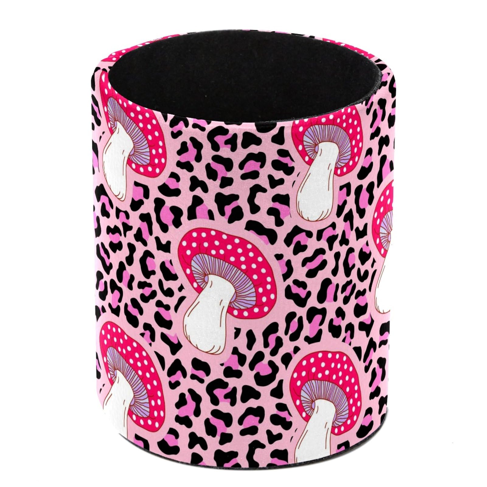 Luoweisi Mushrooms Leopard Pen Holder for Desk, Leather Pen Pot, Desk Pencil Holder Round Makeup Organiser Home Office School Suppliers