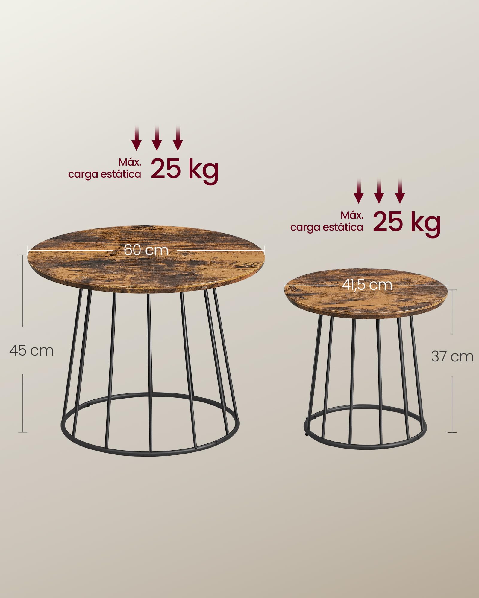 VASAGLE Mesa de Centro Redonda, Juego de 2 Mesas de Café, Estilo Moderno, Marco de Acero, para Sala de Estar, Dormitorio, Marrón Rústico LCT045K01