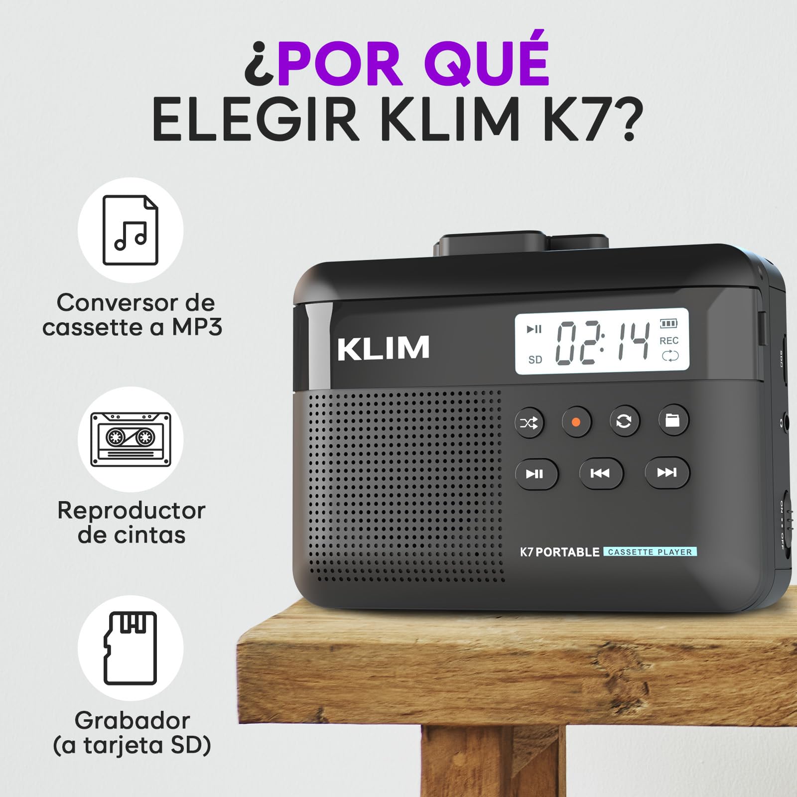 KLIM K7 Reproductor Cassette con Auriculares F1 - Conversor de Cassette a MP3 - Player Portátil con Micrófono y Altavoz Integrados - Batería Recargable - Auriculares - Tarjeta SD 16 GB - Negro