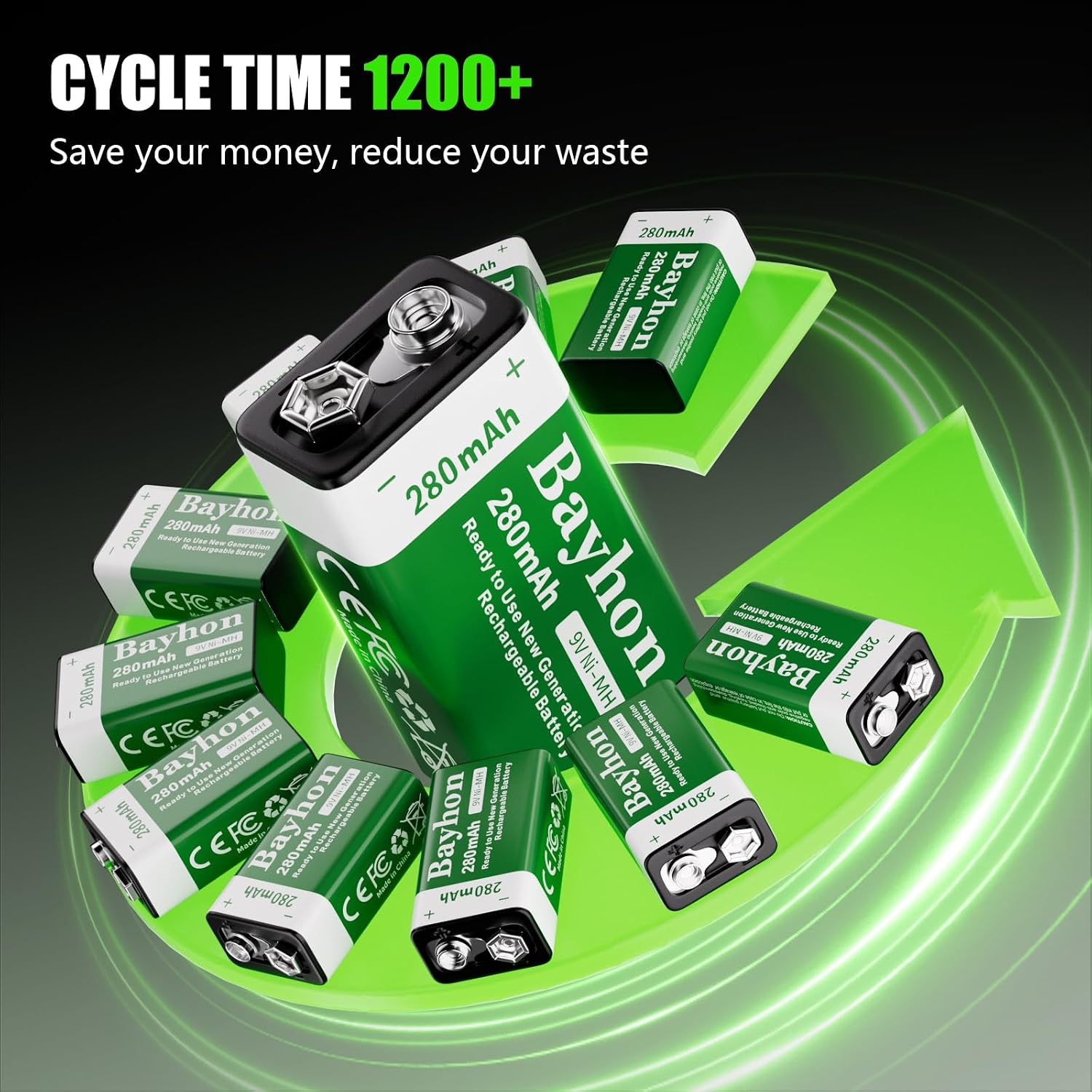4-Pack 9V 280mAh Ni-MH Rechargeable Batteries & Charger image 5