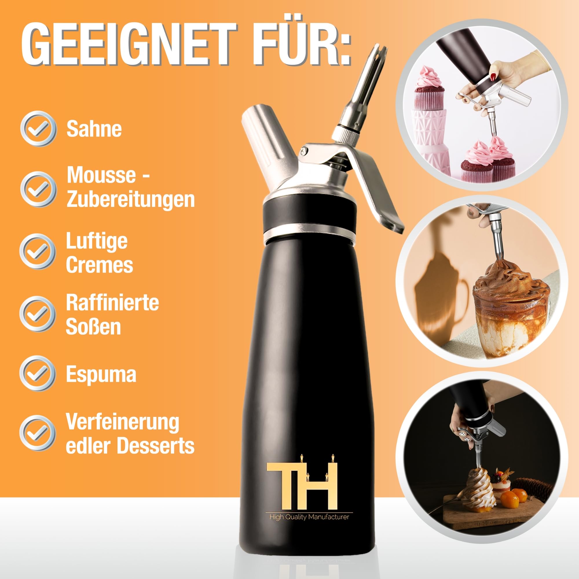 Thiru Sahnespender inkl.Toolbox - Note "sehr gut" - 100 Tage testen - Sahnesyphon mit eBook & 3 Edelstahl Tüllen - Sahnesyphon für Schlagsahne, Espuma & warme Speisen - (Schwarz)