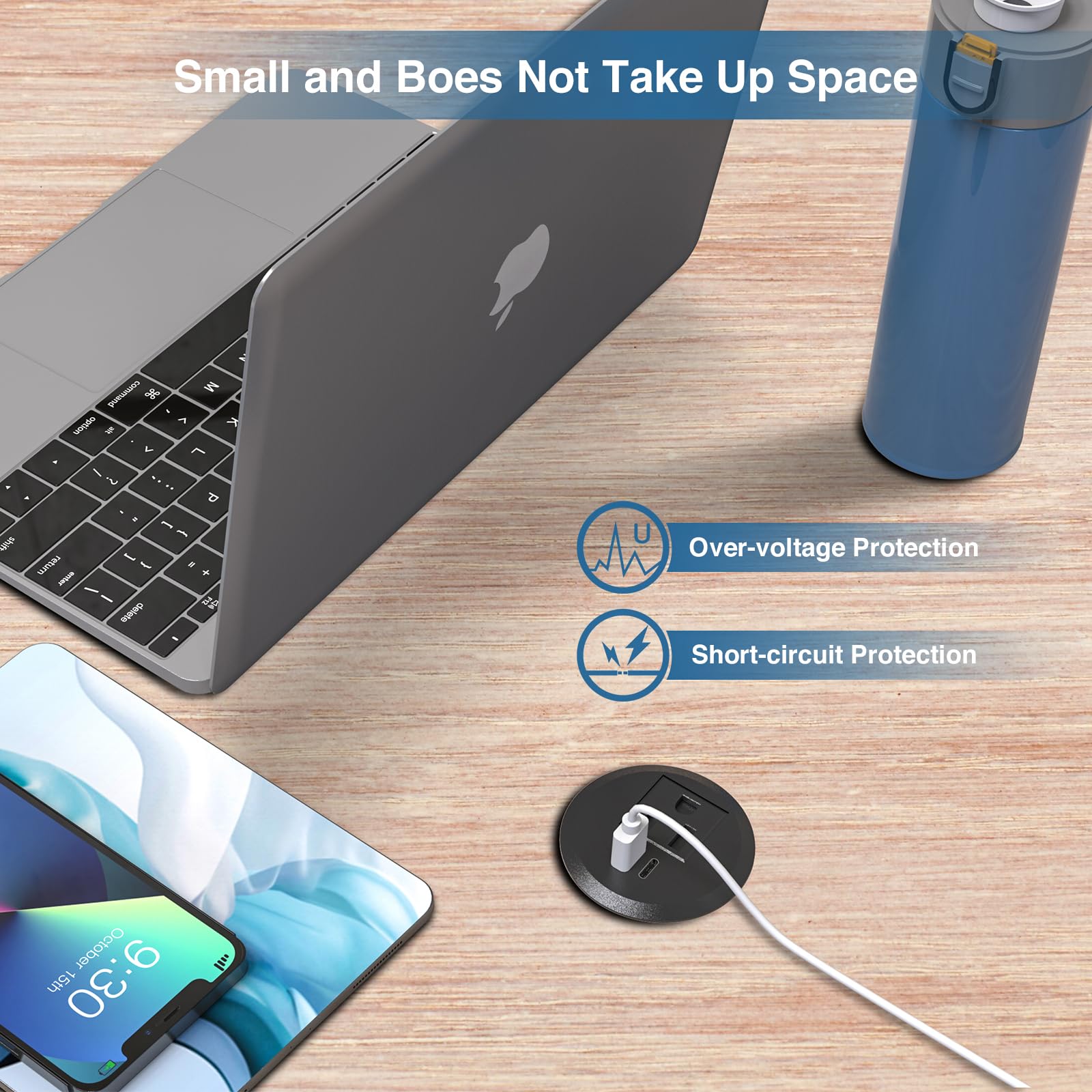 Desktop Power Grommet, 5.1 cm Desktop Power Grommet Outlet, Recessed Power Strip Outlet with 1 USB and 1 Type-C, 20W PD Fast Charge for Desk, Kitchen, Office, Home, Hotel and More