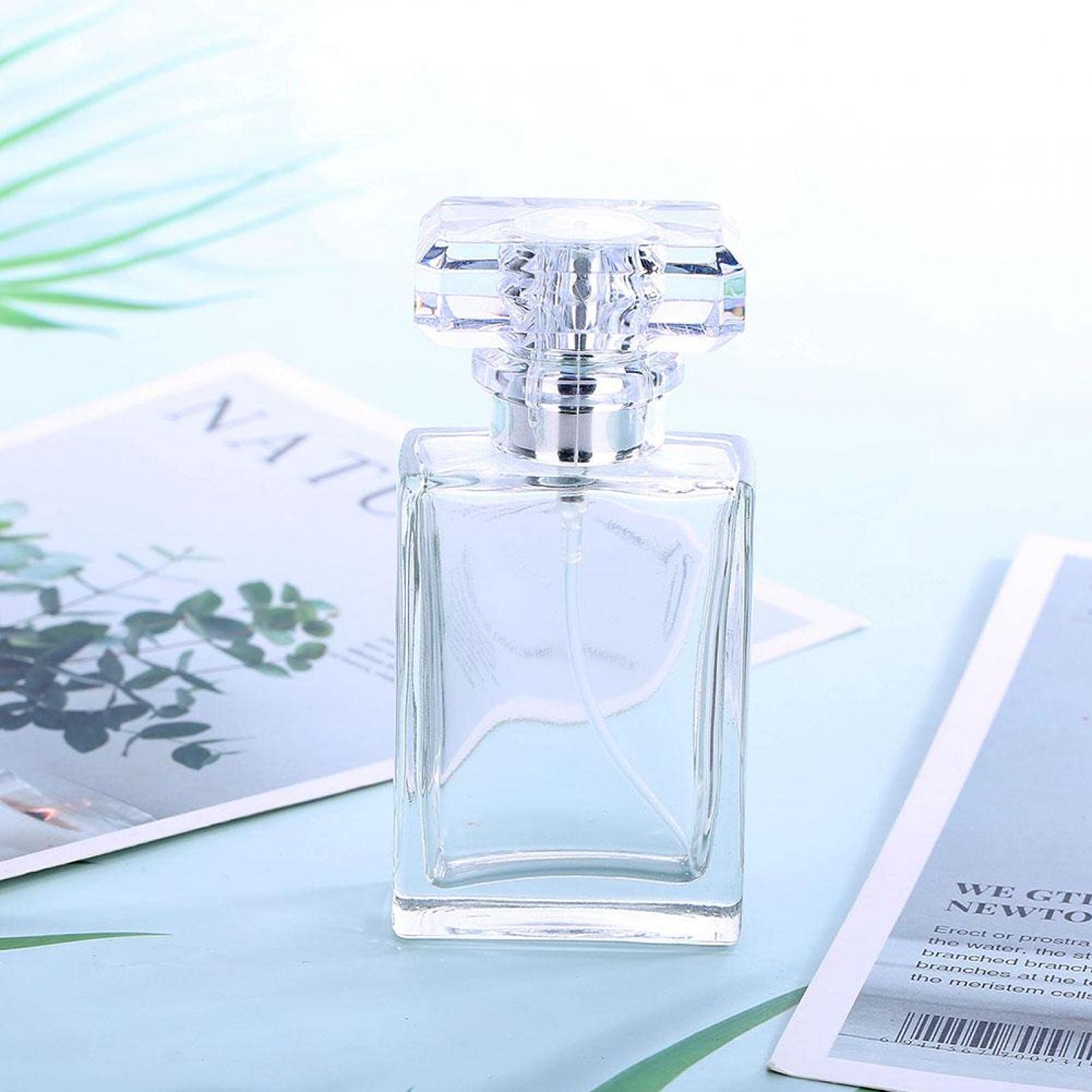 Butelka z rozpylaczem perfum, 30 ml, pusta szklana butelka na perfumy, do wielokrotnego napełniania, prostokątna flakon, do pakowania perfum w podróży, 9,4 x 4,6 cm (przezroczysta)